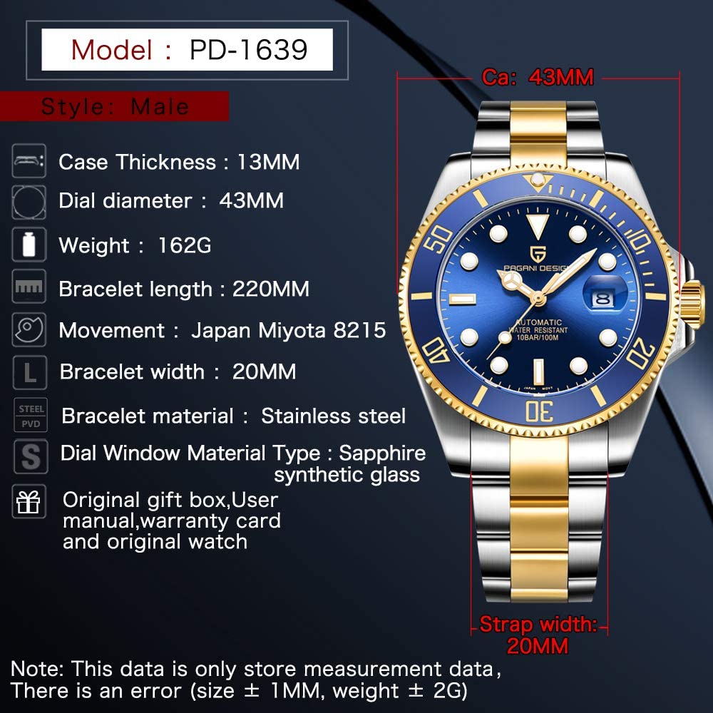 Pagani Design Made In Submariner Automatic Mechanical Ceramic Dress Stainless Steel Sapphire Perfect for PAGANI DESIGN Men's Watch, Japan, Diver's
