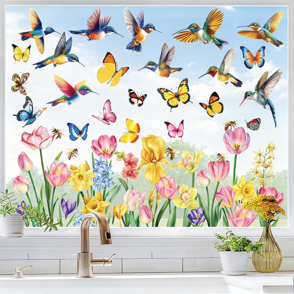 Spring Butterfly Tulips Flower Bird Static Cling Window Stickers for Bedroom Living Room Home Decoration