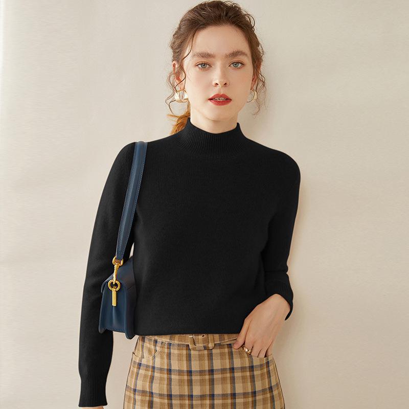 Women's Slim-Fit High-Neck Cashmere Sweater, Elegant & Versatile, Solid Color Knitted Layer