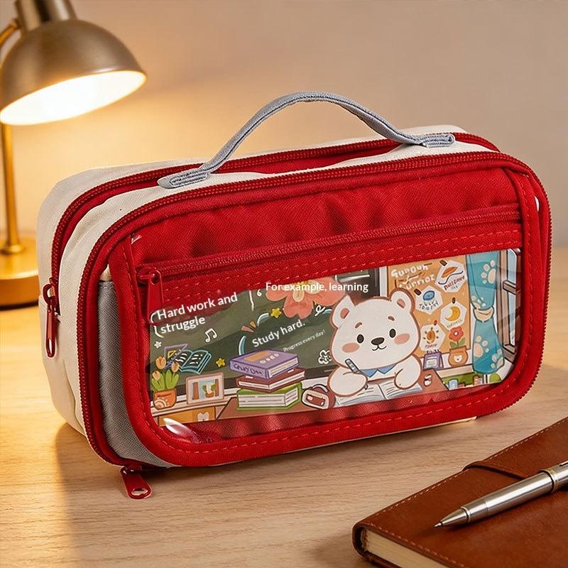 Large Capacity Transparent Pencil Case Cute Cartoon Bear Holds 40 Pens For Students School Use