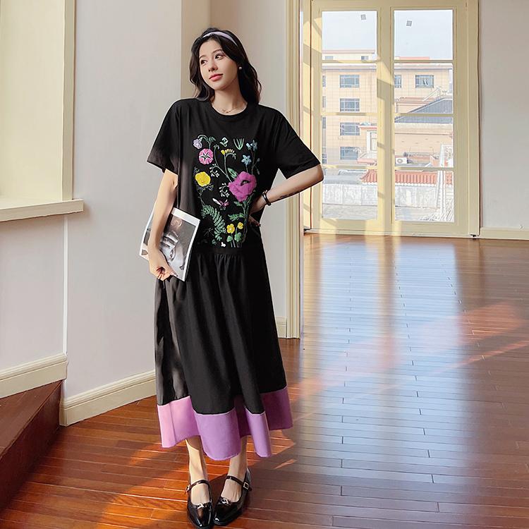 

DIMANAF Летнее платье больших размеров, женское хлопковое платье с круглым вырезом, пляжное повседневное плиссированное платье с цветочным принтом, свободное платье с коротким рукавом и длинным рукавом XXL чёрный