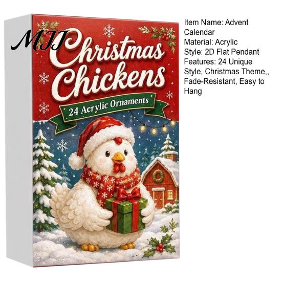 Christmas Countdown Calendar Set Chicken Advent 2026, 24 Unique 2D Acrylic Decorative Xmas Pendant Collection Ornaments, Cute Tree Decorations
