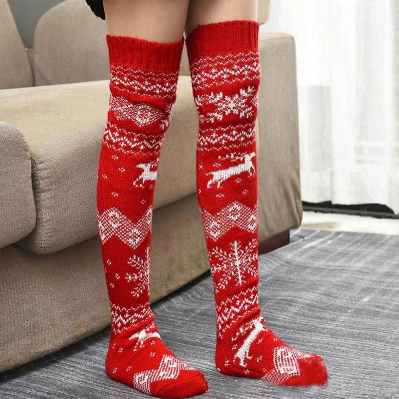 Women Winter Chunky Knit for Extra Long Boot Socks Christmas Elk Snowflake Patterns Soft Cozy Warm Over Knee Thigh High Stockings Leg Warmers Gray