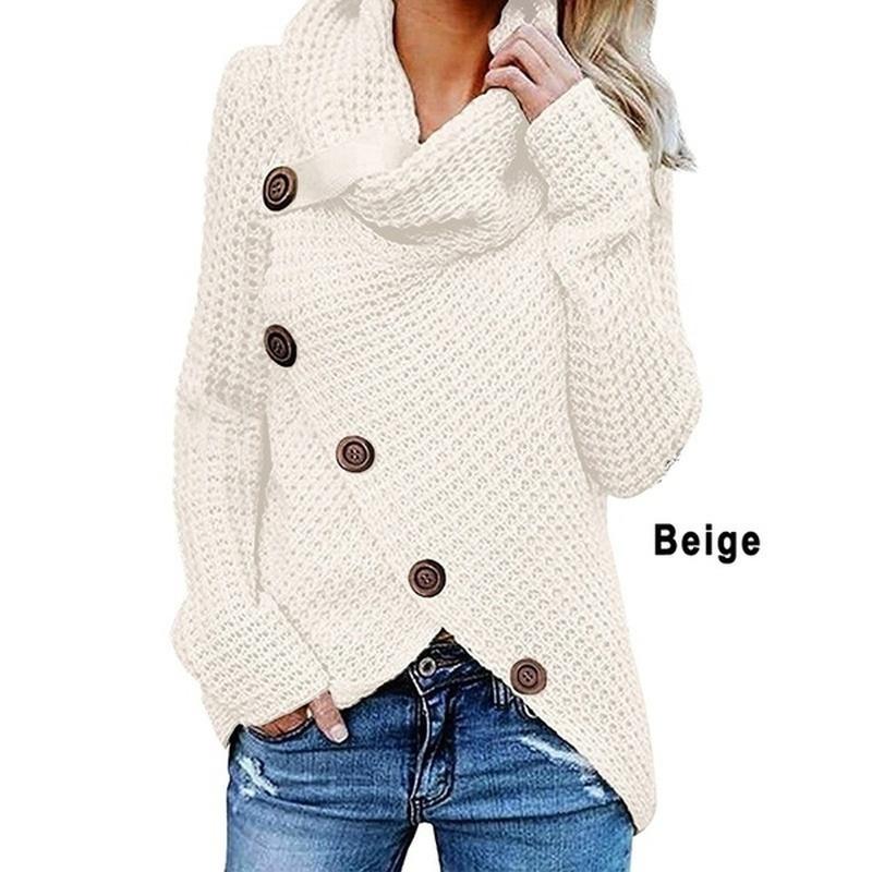 Women Knited Sweaters Cardigan Long Sleeved Buttons Loose Pullovers Turtleneck Irregular Hem Tops