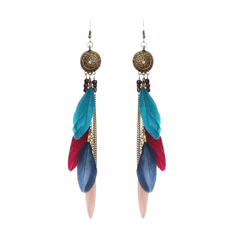 Retro Ethnic Style Feather Earrings Seaside Vacation Accessories Personalized Simple Bohemian Fringed Long Ear Jewelry