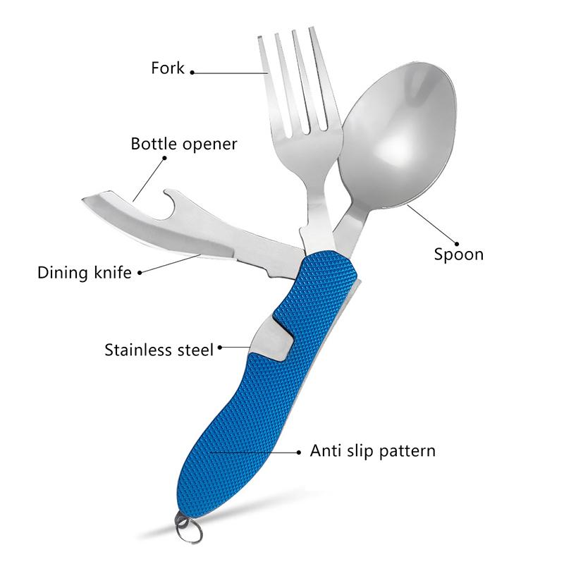 4 In 1 Tableware Foldable Stainless Steel Fork Spoon Knife Bottle Opener Portable Picnic Camping Hiking Travelling Dinnerware