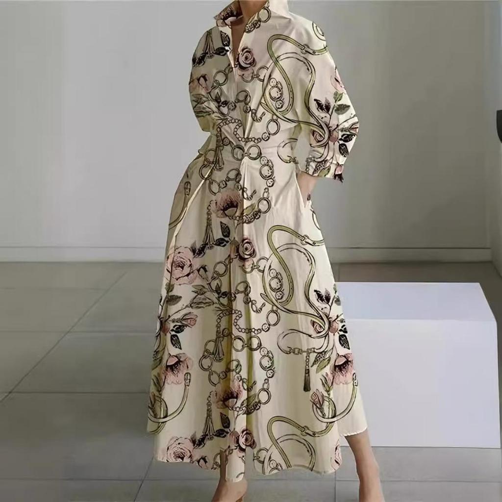 Plus Size Commuter Fashion Neck Lining Nine Minute Sleeve Loose Hem Dresses