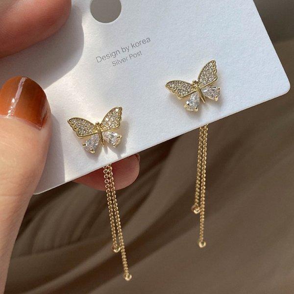Shiny Rhinestone Butterfly Water Drop Tassel Earrings for Women Crystal Zircon Pearl Long Earring Party Daily Jewelry Gifts
