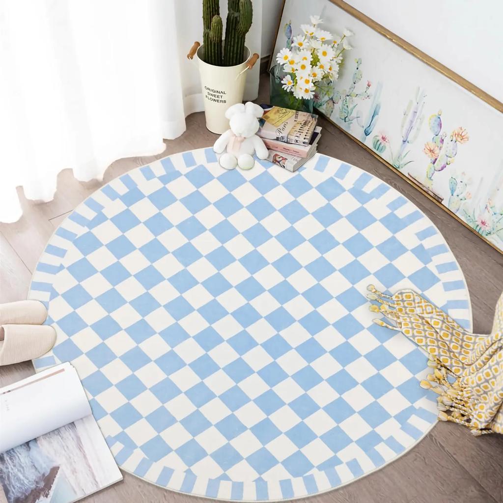 Checkerboard Plaid Round Carpet Geometric Floor Mat for Bedside Dorm Closet Dining Room Decor Soft Non-Slip Area Rugs Doormat