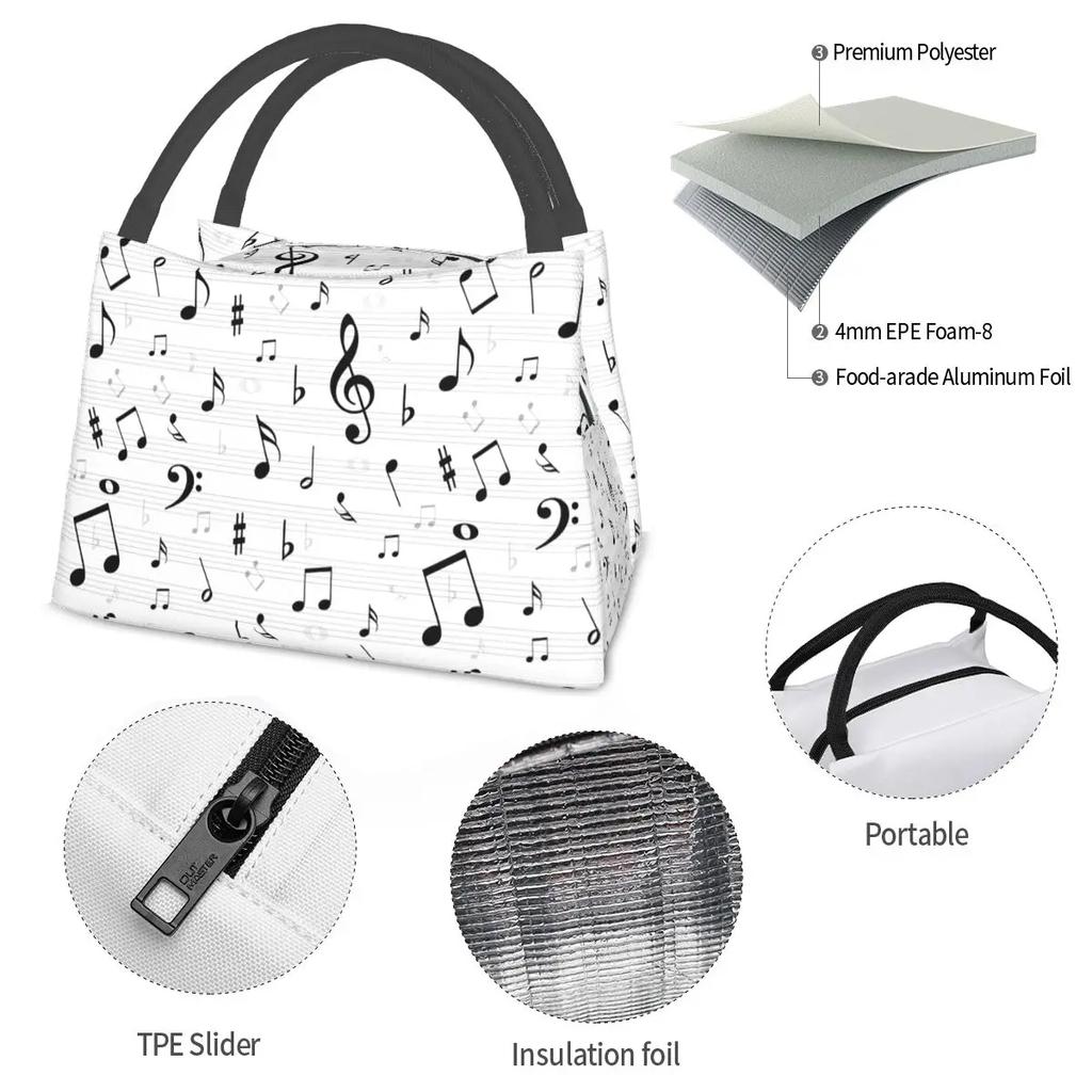 Musikalische Musiknoten Lunchtaschen Zubehör Wasserdicht Isoliert Oxford Kühltasche Thermisch Essen Picknick Lunchbox Damen