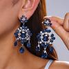Light Luxury Paved Diamond Square Flower Water Drop Fringed Silver Needle Earrings, Medieval Court Style High-end Earrings for Women