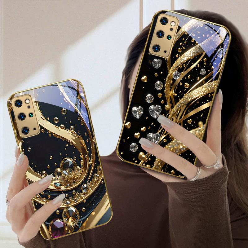 Golden Splendor and Crystal For Samsung Galaxy S20 FE S21 S22 S23 Plus S24 Ultra 25Ultra S21+ S9+ 22Plus Golden glass phone case