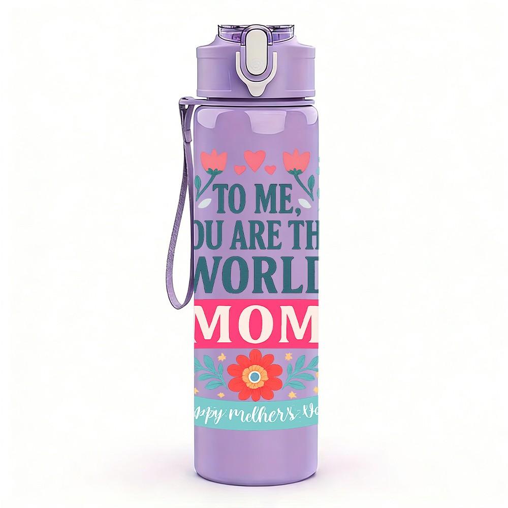 1PC You Are My World Mom Text Pattern 750ml Color Plastic Sports Water Bottle Leakproof Flip Straw Lid Suitable for Sports Office Home Use