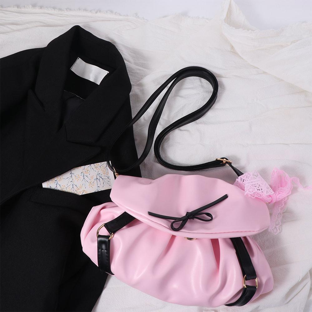 PU Leather Y2k Shoulder Bags Pleated Bow Lace Handbag Elegant Balletcore Underarm Bag  Girls/Female