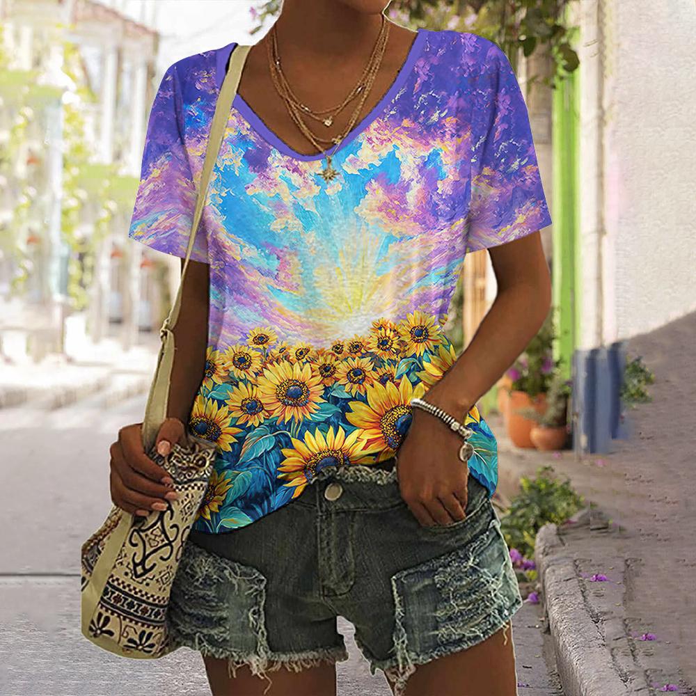 Daily Fashion V-neck Short Sleeve Tops Sunflower Patterns Printed Plus Size Loose Women's Clothing Outdoor T-Shirt
