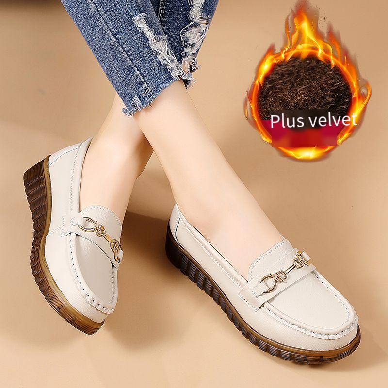 Women Moccasins Driving Shoes Comfort Flats Nurse Loafers Minimalist White Shoes for Mother Winter Warm