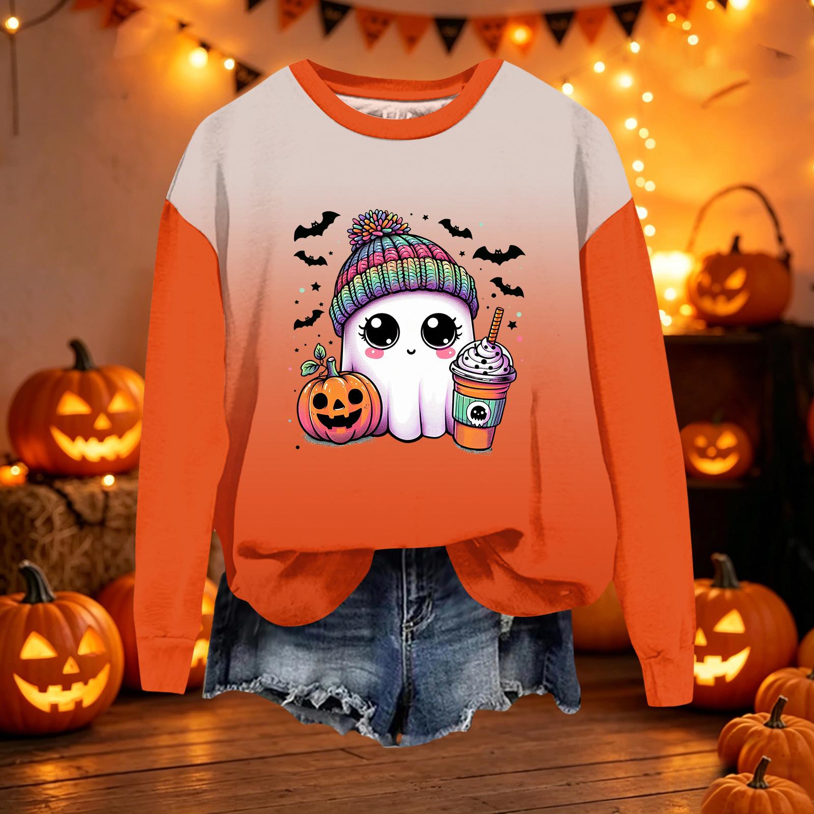 Women s Casual Loose Fit Long Sleeve Halloween Print Sweatshirt Pullover L
