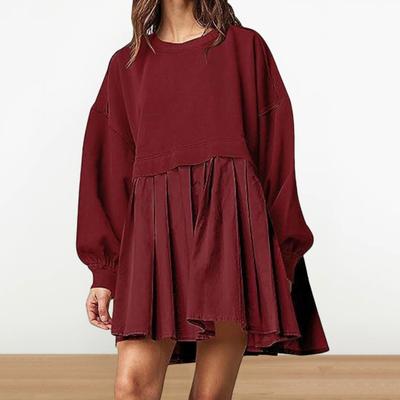 Vestido de senhora plissado patchwork gola redonda vestido moletom solto mangas compridas