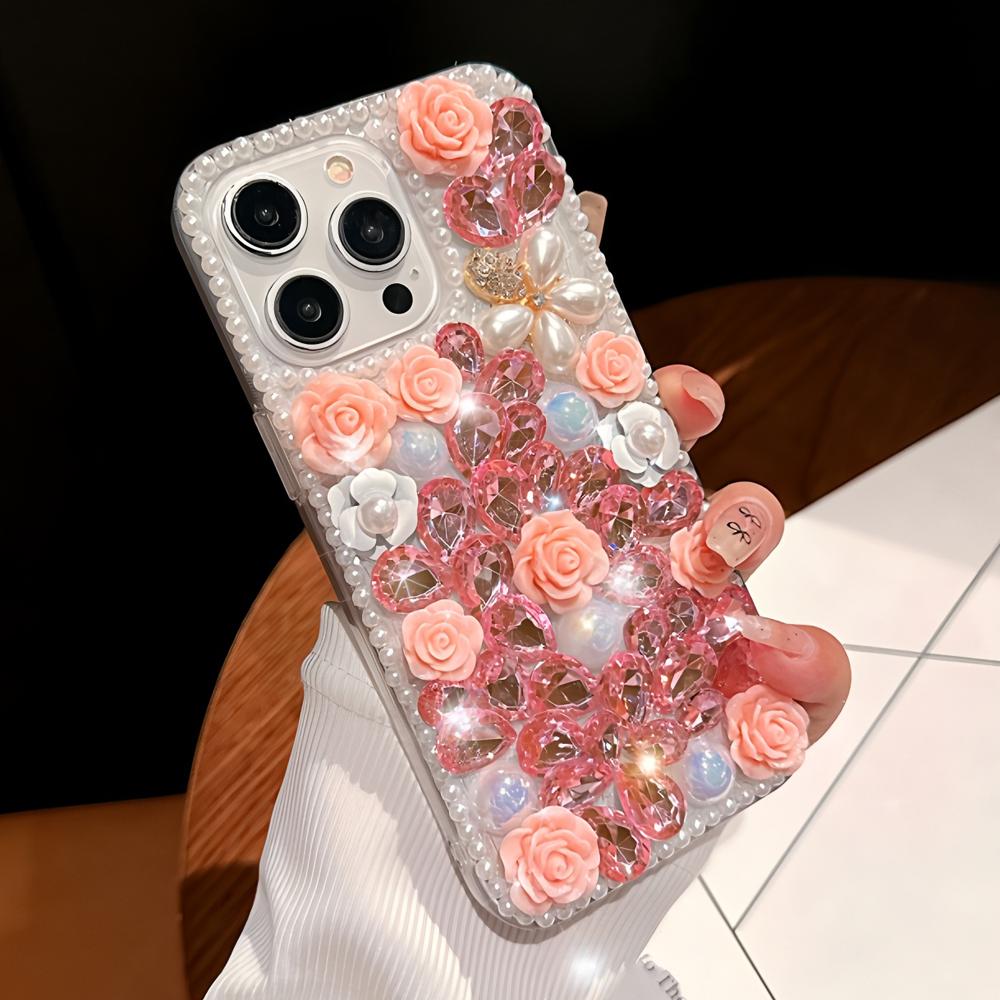 

Glitter Bling Phone Case For XiaoMi Poco F7 Ultra F6 Pro F5 5G 3D Rose Flower with Diamonds and Pearl Cover Poco F7
