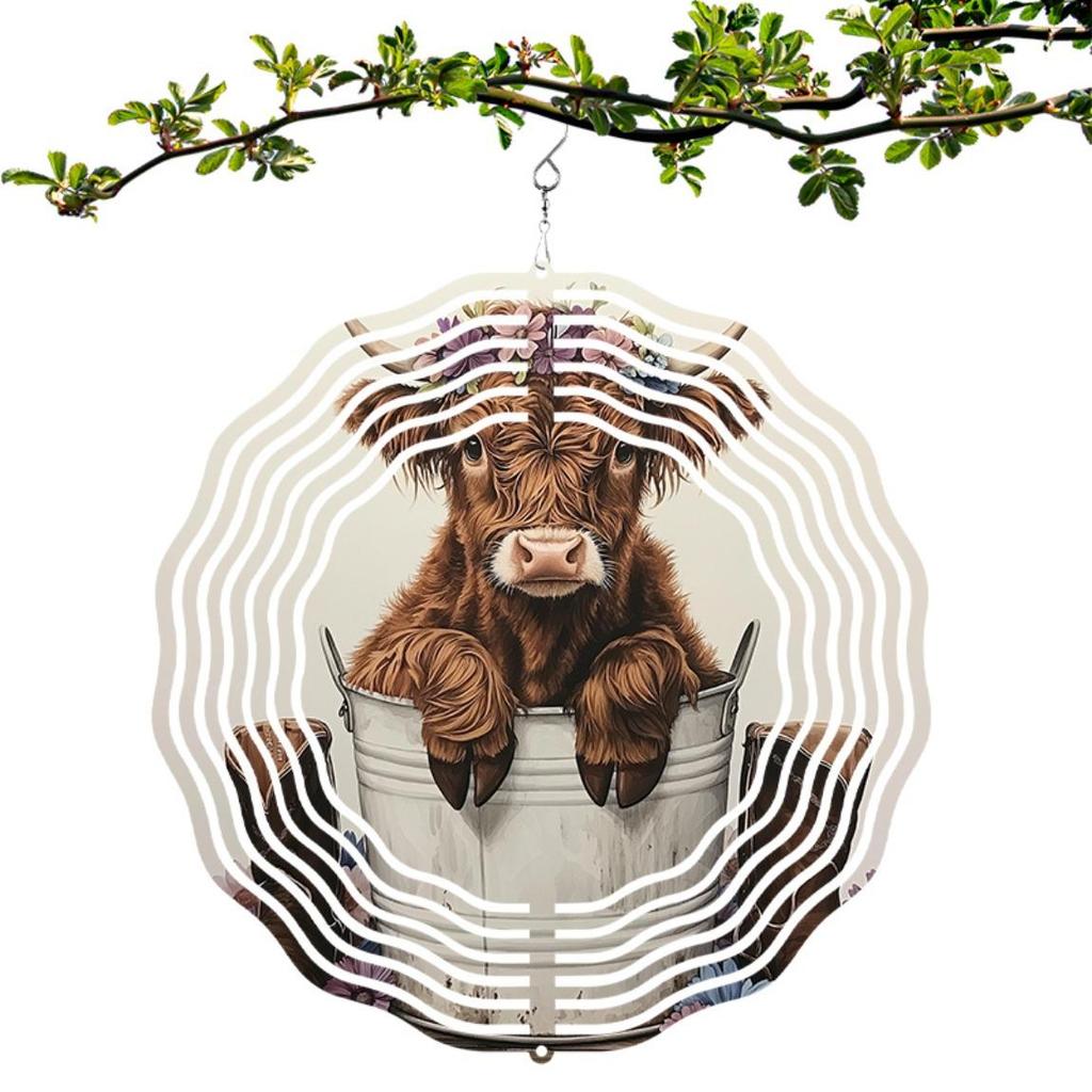Highland Cow Windmill Garden Decor - 25.4cm (10-inch) Metal 3D Art Hanging Ornament, Floral Print Design