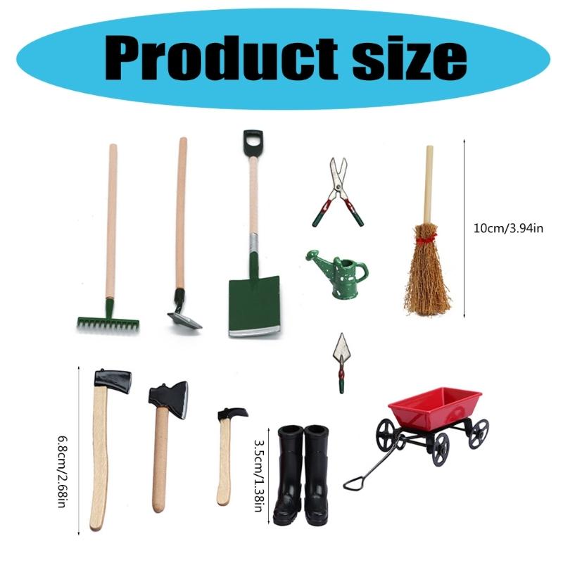 12PCS Dollhouses Gardening Accessories Tool Set with Rainboot Broom Shovel Rake For 1/12 Scale Garden Scene Decoration