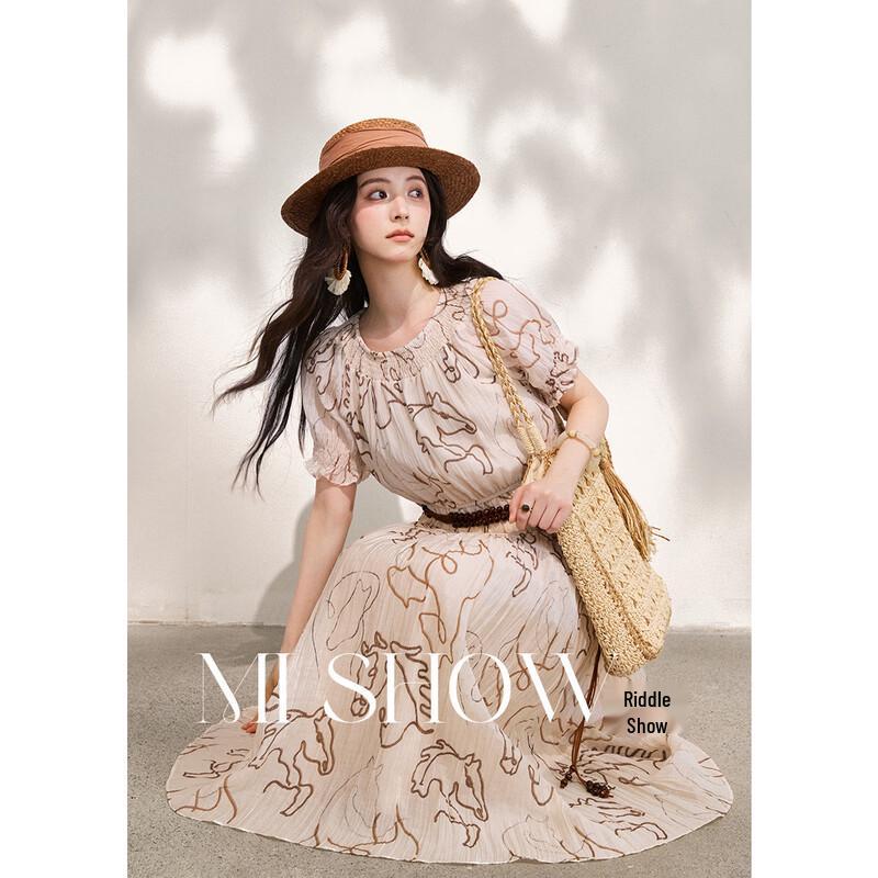 French Retro Apricot Horse Print A-Line Midi Dress L