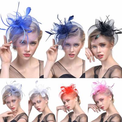 Women Flower Mesh Ribbons Feathers Headband Cocktail Tea Party Hat Headwear