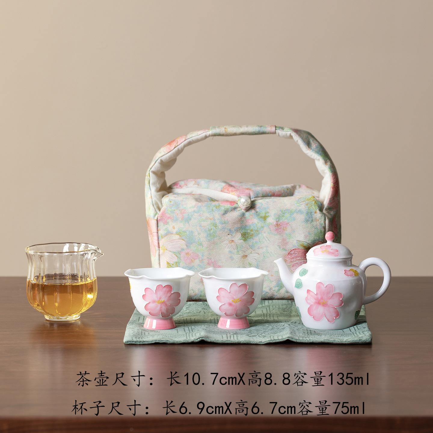

Hand-painted Pink Flower Travel Tea Set Kit Aesthetic 1 Pot 2 Cups Tea Maker Organizer Portable Camping Stock Bags Decoration