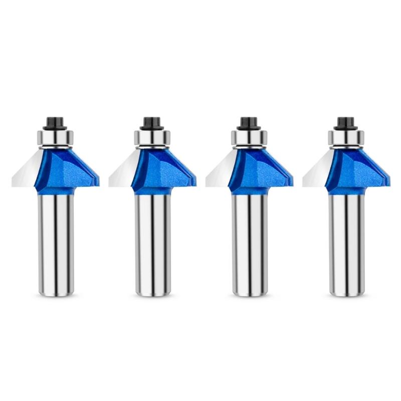 4pieces 1/4"/1/2" Shank Chamfer Router Bit Woodworking Milling Cutter 45Degree Knife with Top Bearing Bevel Edge