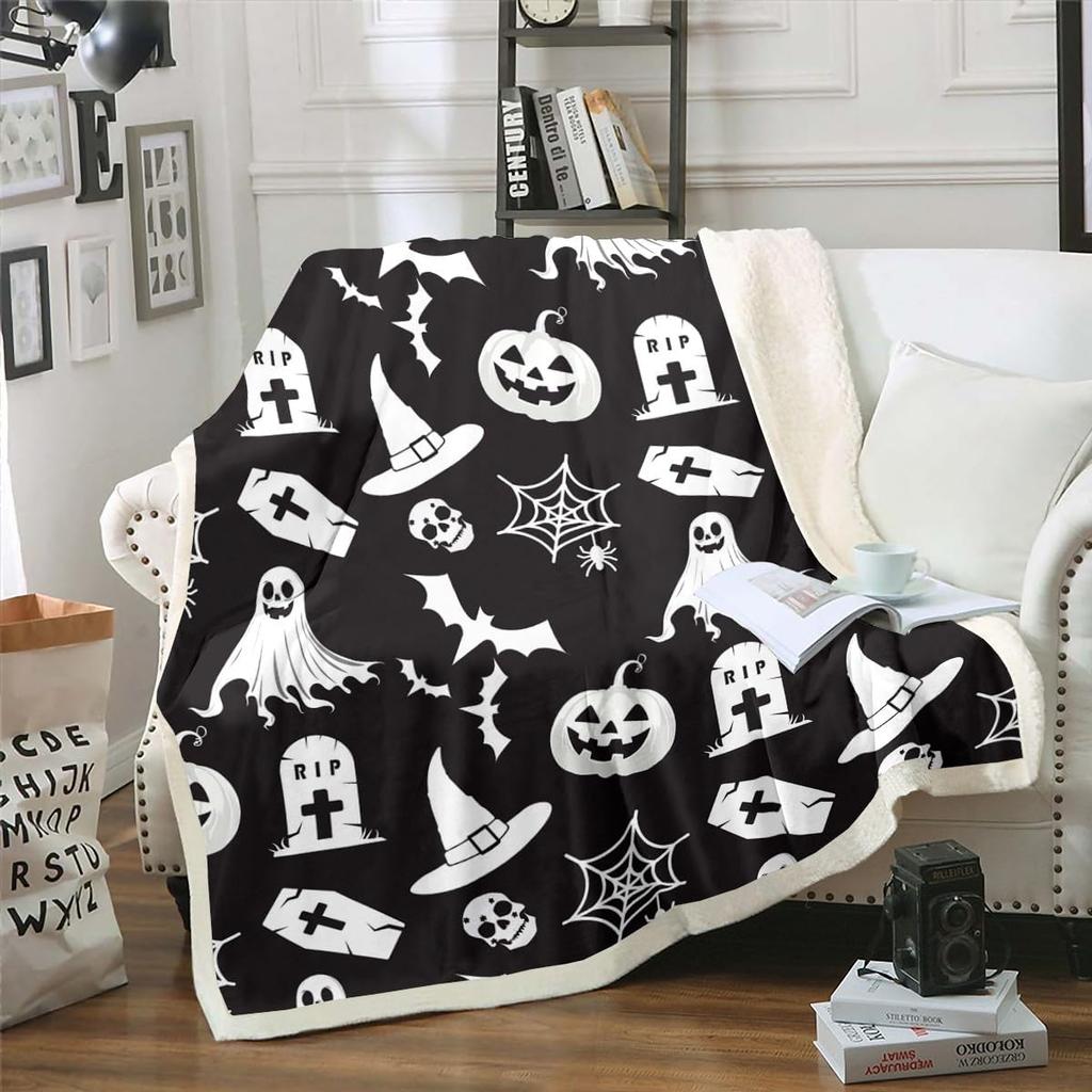 Halloween Ghost Blanket Soft Fleece Throw Pumpkin Spider Web Design Home Decor Party Gift Kids Room