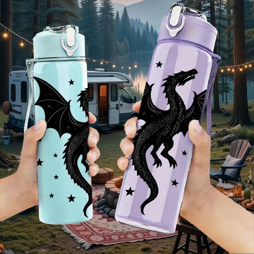 1PC Black Silhouette Dragon Art 750ml Color Plastic Sports Water Bottle Leakproof Flip Straw Lid Suitable for Sports Office Home Use
