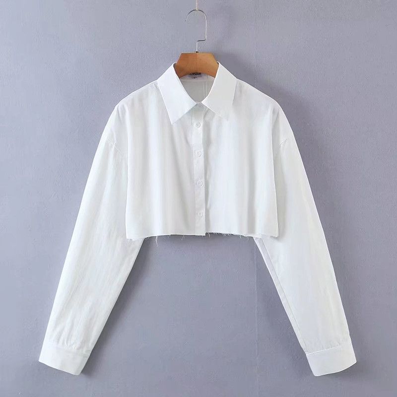 Ur European and American-Style Long-Sleeved Lapel Ripped Hot Girl Midriff Outfit Shirt