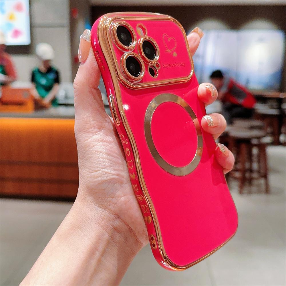 Electroplated side heart-shaped large window, iPhone 17 phone case, magnetic wave pattern, iPhone 16 Pro Max soft case 15