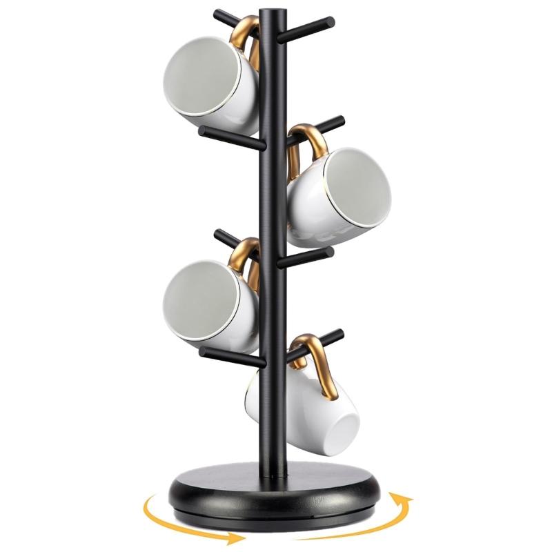 Modern Black Bamboo Mugs Tree Stand With 8 Hanging Hook, Space Saving Coffee Cup Organizers