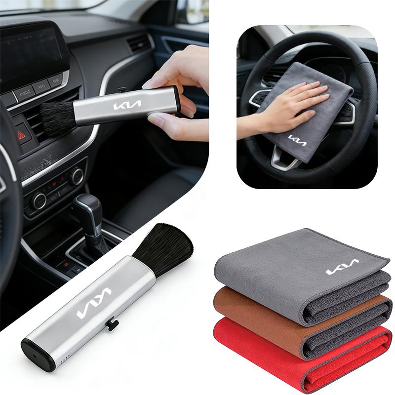 Keyring Car Wash Accessories Microfiber Suede Towel with Retractable Cleaning Brush for KIA K3 K5 Sportege Picanto Optima Soul dmzu30