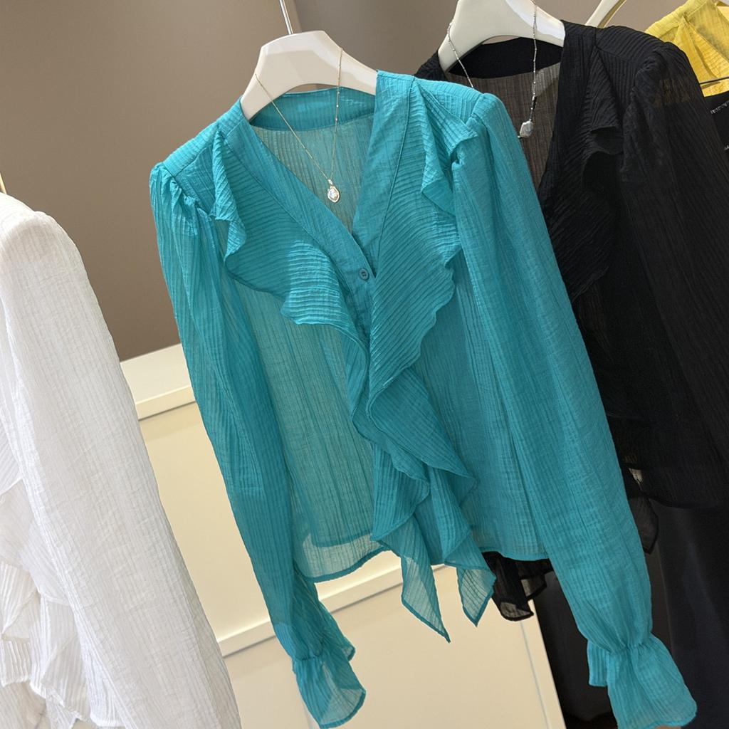 Women's V-Neck Long Sleeve Blouse Ruffle Flounce Chiffon Loose Casual Summer Top