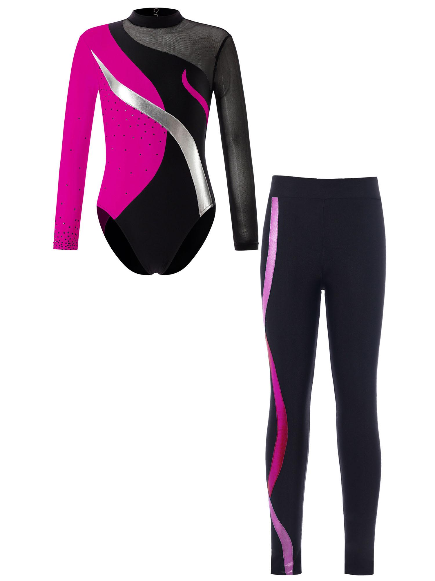 

Детский балетный танцевальный комплект из 2 предметов для девочек, костюм для фигурного катания, спортивная одежда, спортивный костюм, трико в стиле пэчворк с леггинсами 5-6 Years горячий розовый