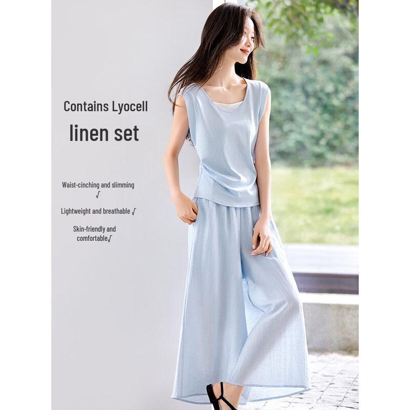 Women s Lyocell Linen Blend T-Shirt & Cropped Pants Set M