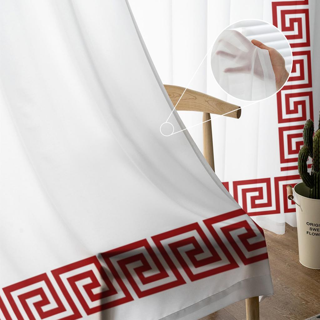 Cortinas Voile Transparentes con Patrón Geométrico Rojo de Llave Griega para Ventana de Salón, Cortina de Tul de Chifón para Cocina, Dormitorio, Cortinas Decorativas para el Hogar