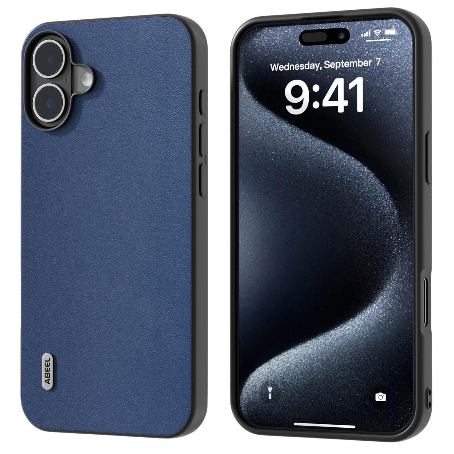 

ABEEL For iPhone 16 Case Genuine Cow Leather Coated PC+TPU Hybrid Phone Cover D