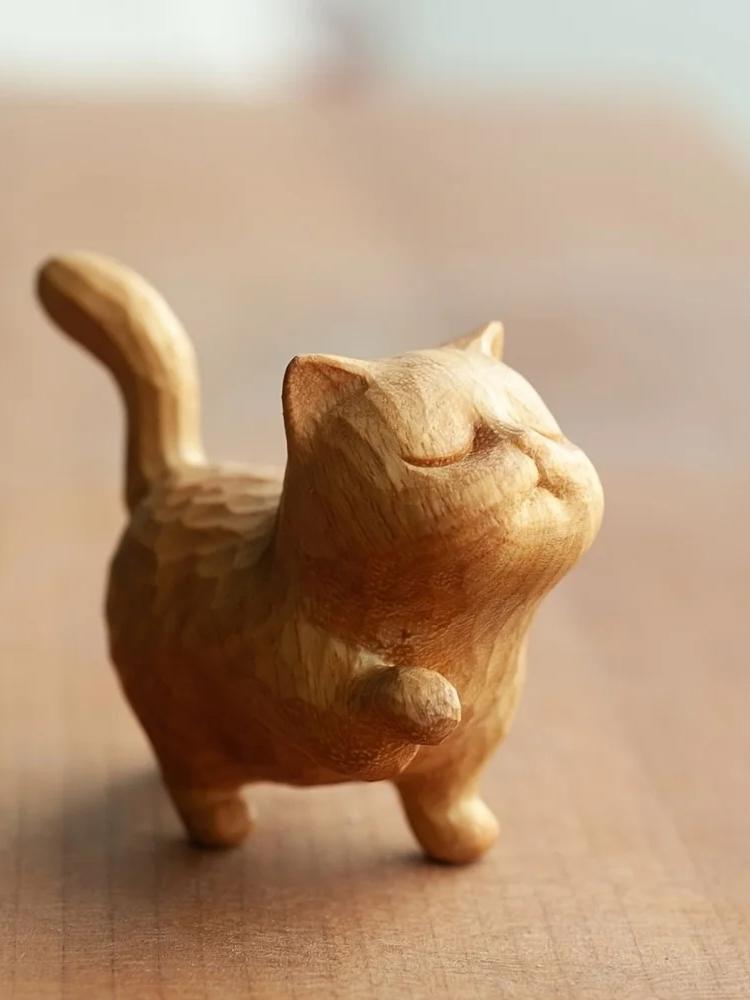 

Вырезанный вручную деревянный кот, коллекция деревянных скульптур кота, статуэтка, украшение стола, вырезанный из самшита котенок