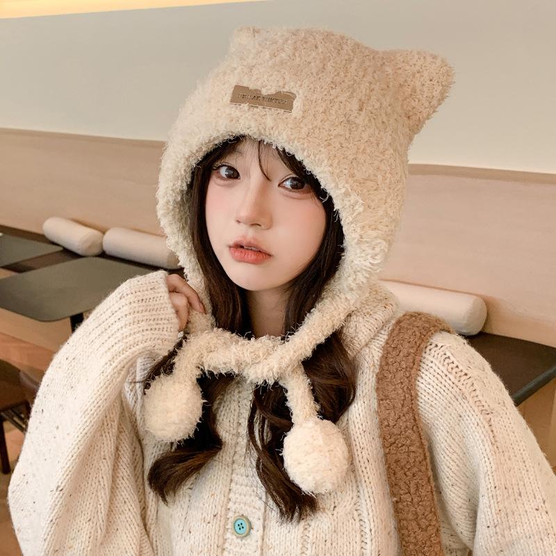 Autumn and winter hat female cute bear ears knitted wool hat winter warm plush ear protection hat thick