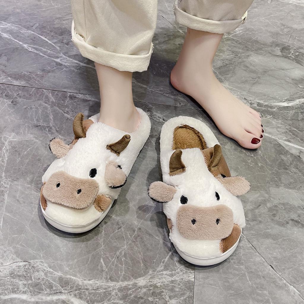 Fuzzy Cute Cow Slippers for Women Winter Warm Cozy Animal Fluffy Kawaii House Slippers Cute Slippers