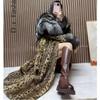 Temperament celebrity fur Maillard style leopard print long coat winter thickened warm cotton clothes imitation fox hair