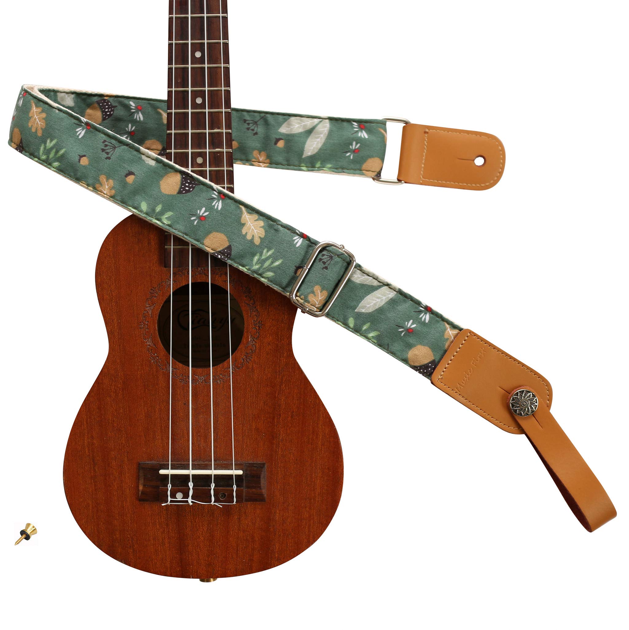 

[MUSIC FIRST] Original Design Retro Acorn Soft Cotton & Genuine Leather Ukulele StrapUkulele Shoulder Strap (Includes One Branded Strap Locker as a