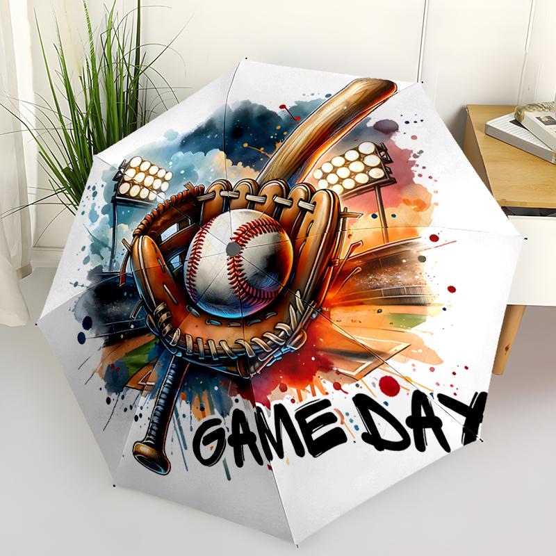 Baseball Design Folding Umbrella - Fashionable Auto-Open Design 8 Iron Ribs Plastic Handle Foldable Sunshade Perfect Gifts
