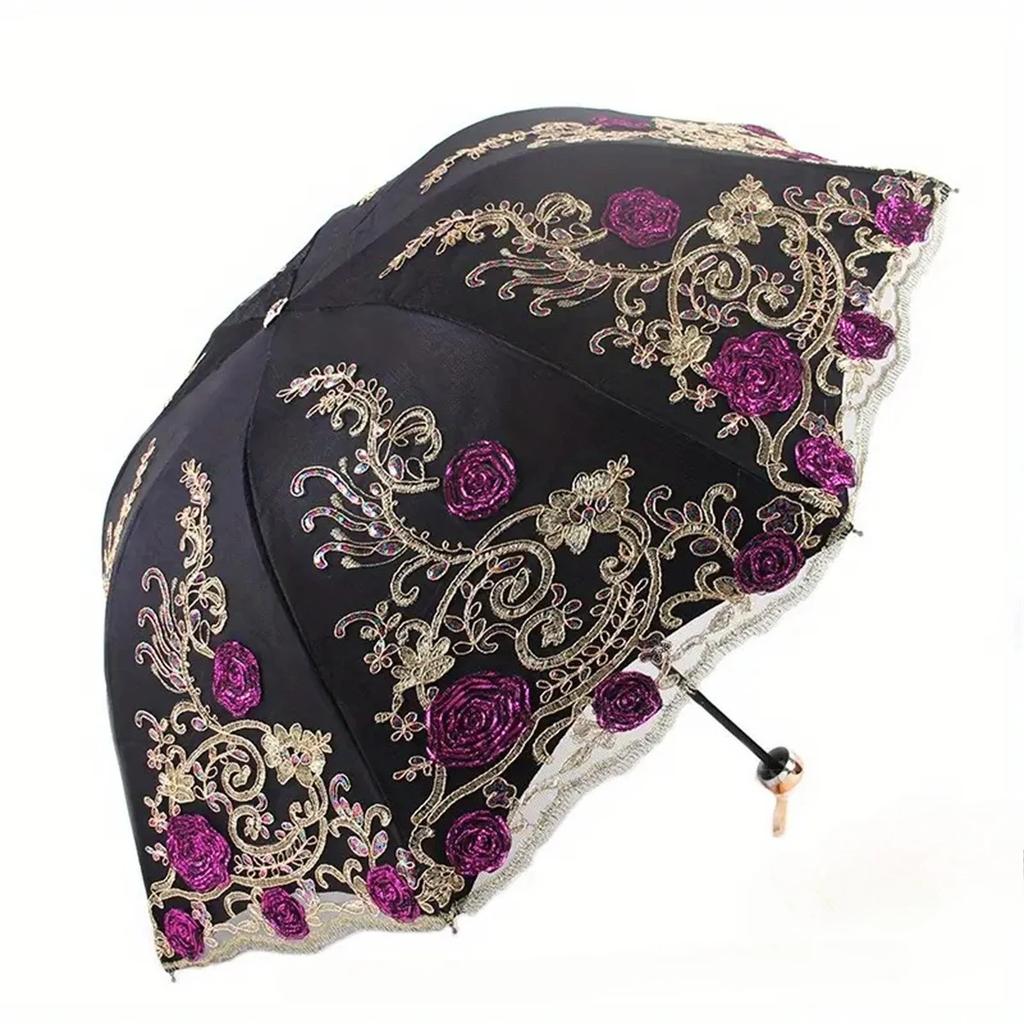 Folded Retro Embroidered Lace Double Layer Vinyl Three-fold Umbrella Wedding Umbrella