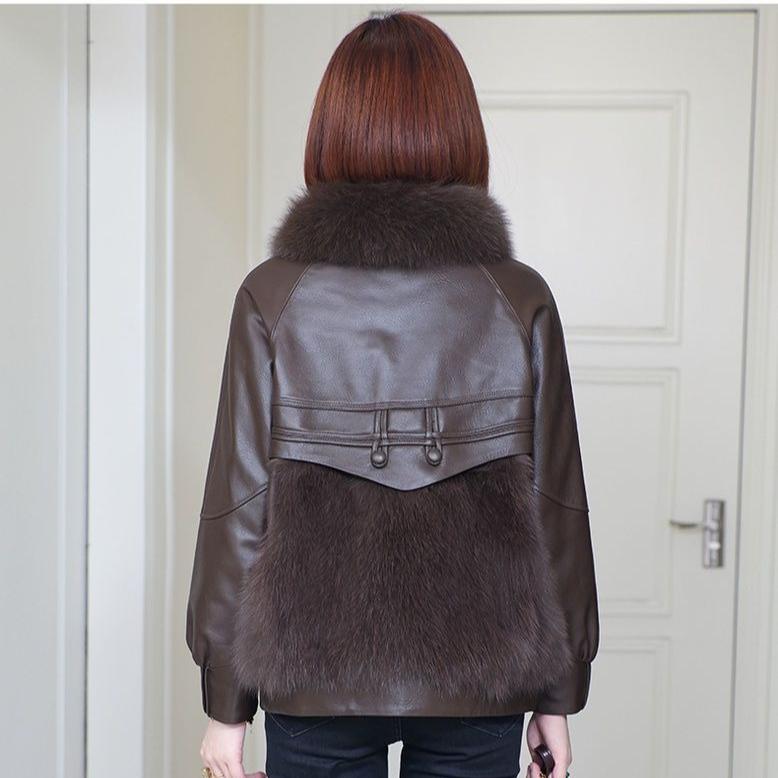 Autumn Winter Women's Faux Fur Coats Stitched Artificial Fox Fur Collar Fur Coat Short Slim Down Leather Jacket