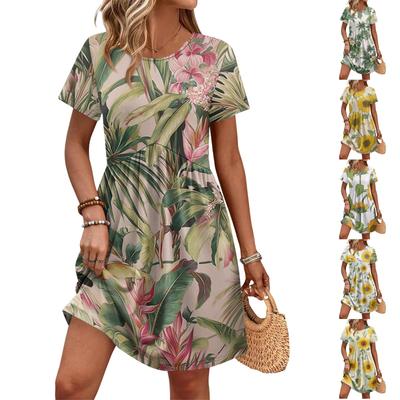 Women Short Sleeve Floral Print Crew Neck Casual Waist Dress with Belt and Pockets Loose Fit Soft Fabric Summer Dress for Daily Wear
