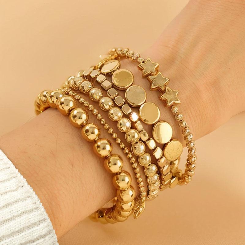 6Pcs/Set Stackable Gold Color Luxury Beads Wristband Accessories Beaded Bracelets Set Pentacle Star Love Heart Charm Hand Chains